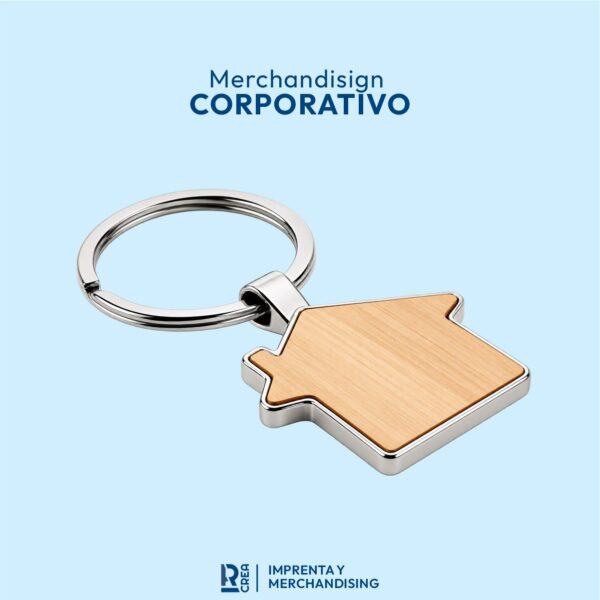 LLAVERO METÁLICO CASA CON INSERTO DE BAMBÚ