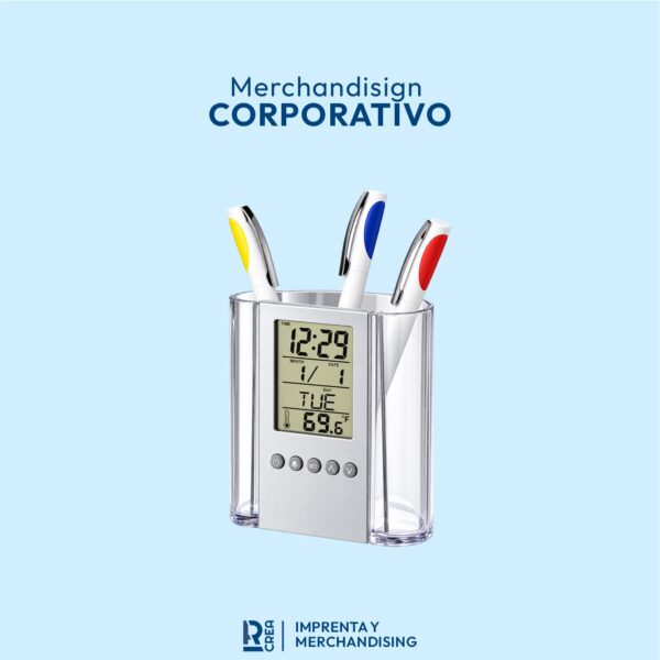 PORTA LAPICEROS TRANSPARENTE CON RELOJ